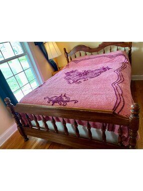 Vintage Pink Chenille Bedspread With Purple Floral Design - Full Size - Soft Cot